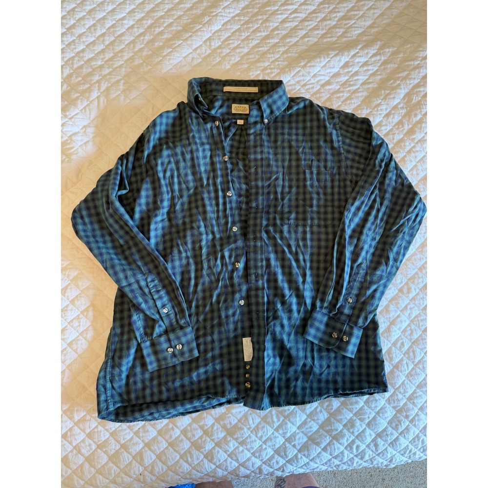 Eagle Shirtmakers Mens Green Navy Blue Plaid Button Down Cotton Shirt 16.5 34/35